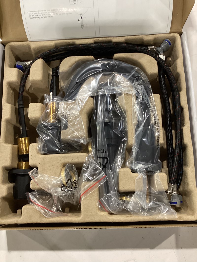 Condition photo showing Good Condition for soka 8-16" widespread bathroom faucet matte black bathroom sink faucet 2 handle morden bathroom faucet for sink 3 hole industrial commercial vanity faucet with pop up drain,matte black + g matte black 8" roundneck