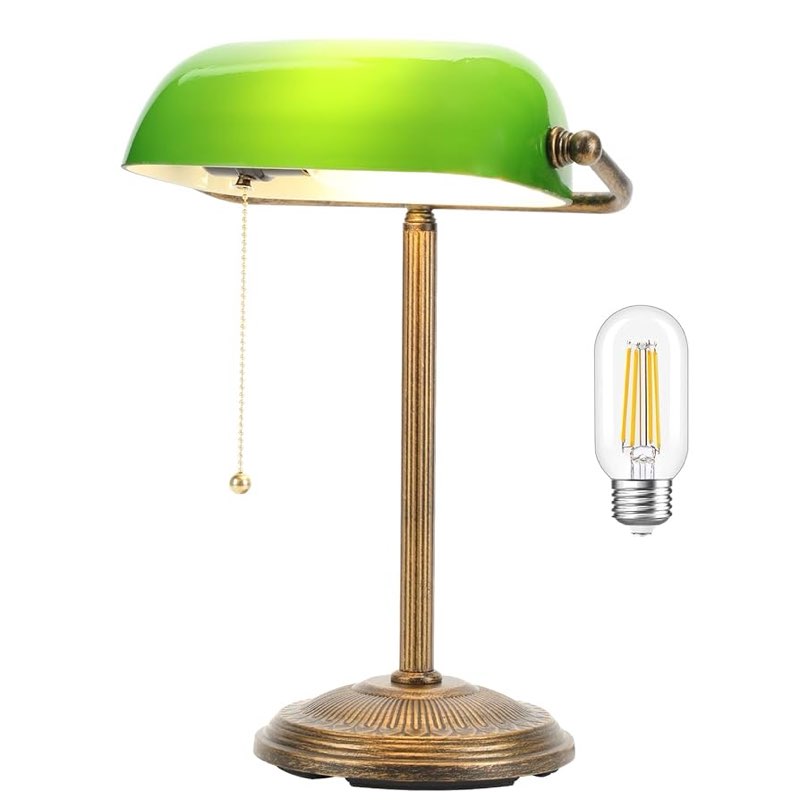 NISSAFORS Bankers Desk Lamp, Green Glass Shade, Vintage Desk Lamp with Pull Chain Switch, Retro Table Lamps for Home Office LED Bulb Included (Retro Gold+Green, Small)