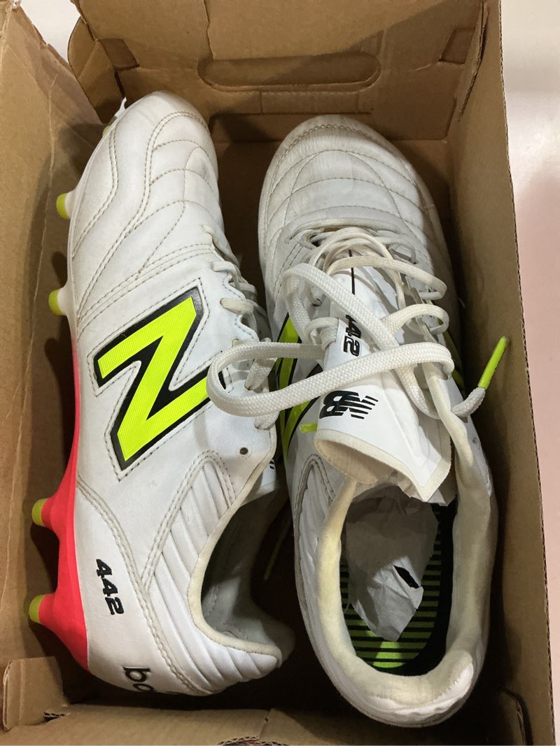 Condition photo showing As Is for new balance men's 442 pro fg v2 9 white/energy red/hi-lite size 9