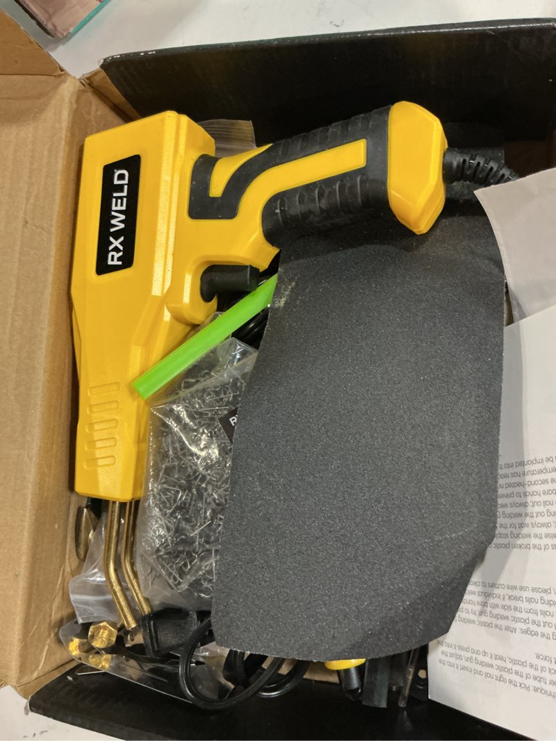 Condition photo showing Good Condition for rx weld plastic welder, 2 in 1 plastic welding kit repair welder 1000pcs hot stapler for car bumper cracks, kayaks, plastic toys, patent number d1052628 yellow