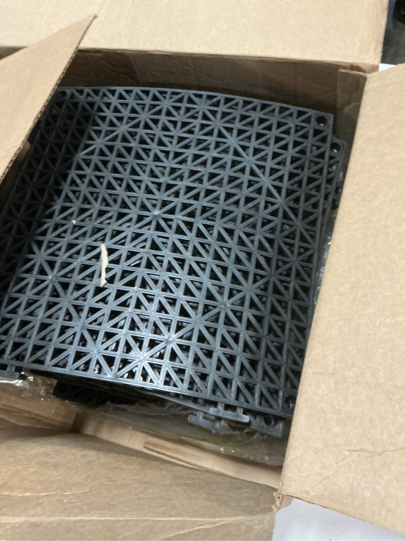 Condition photo showing As Is for tolanbbt modular interlocking cushion 18p 11.8" x 11.8" interlocking rubber floor drain holes non-slip splicing drainage mats for deck, shower, kitchen, drain pool, sauna bath, indoor outdoor (black) 18 pcs black - solid