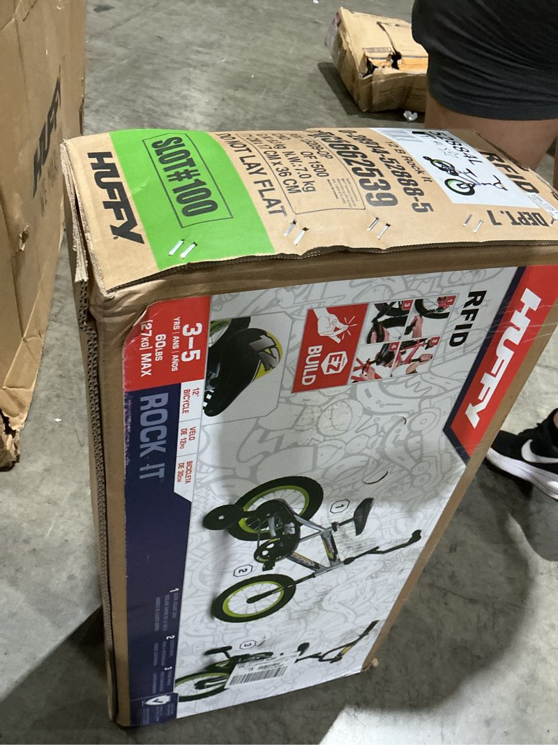 Condition photo showing As Is for huffy 12" rock it kids' bike, fits riders 37" - 42", gray/green, youth, boys