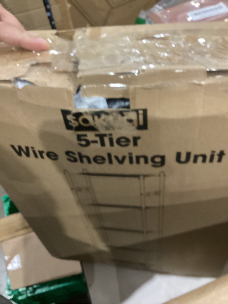 Condition photo showing As Is for Storage Shelves - 5-Tier Large Capacity Shelf Organizer with Hooks, Heavy-Duty Garage Shelving with Leveling Feet, Wobble-Free Rack for Bedroom, Balcony, Garage, 18.1"×12.4"×56.8", Black Black 18.1W×12.4D×56.8H(5T)