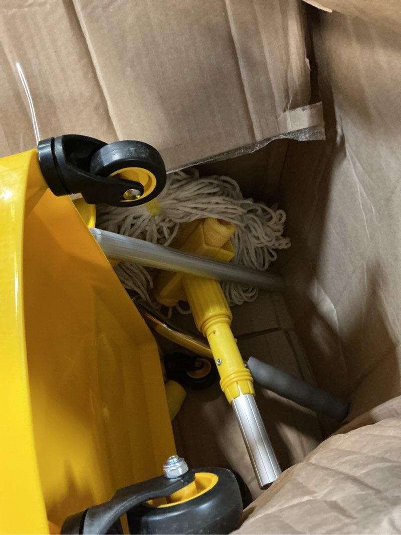 Condition photo showing As Is for mind reader mop and bucket set with wringer, mop included, 5.5 gallon cleaning system with wheels, upward press wringer, small mop compatible mop and mop bucket yellow