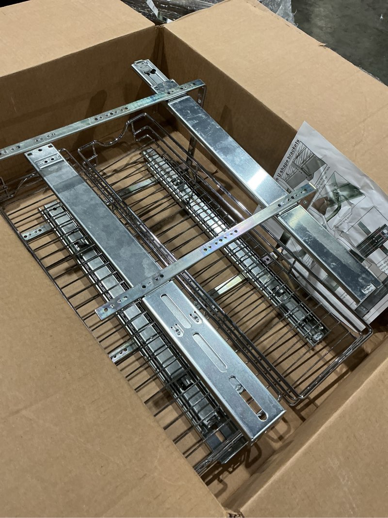 Condition photo showing As Is for ocg 2 tier pull out cabinet organizer (7.5" w x 21.5" d), pull out drawers for kitchen cabinets, pull out shelves for base cabinet organization in kitchen bathroom pantry, chrome finish