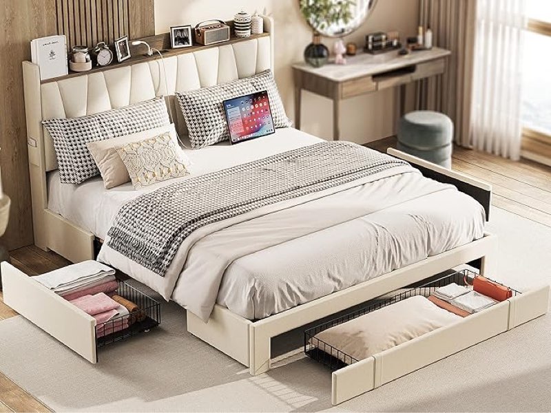ANCTOR Queen Bed Frame with 3 Drawers, Upholstered Platform Bed with Storage Headboard and Charging Station, No Box Spring Needed, Easy Assembly, Beige