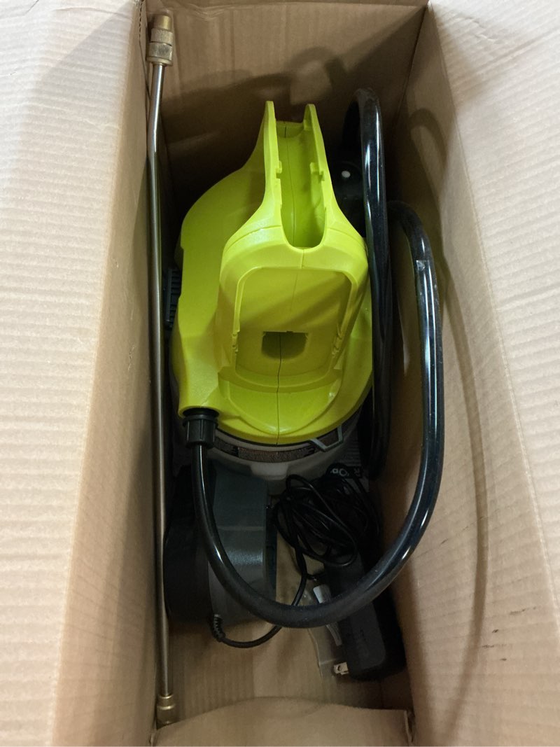 Condition photo showing As Is for ryobi one+ 18v cordless battery 1 gallon chemical sprayer with 2.0 ah battery and charger