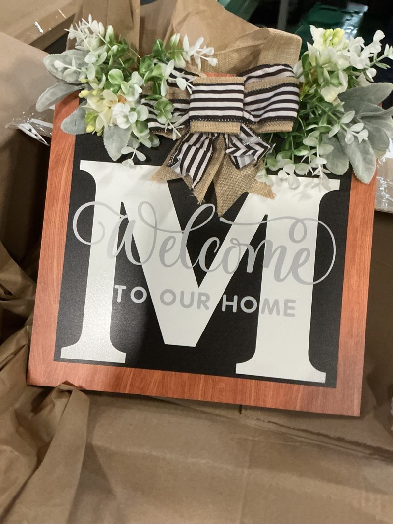 Condition photo showing New/Like New for 14’’ last name all year round front door wreath, 26 letter welcome sign door wreaths for front door outside, welcome garland and eucalyptus and bow suitable for all seasons for outdoor decoration (m)