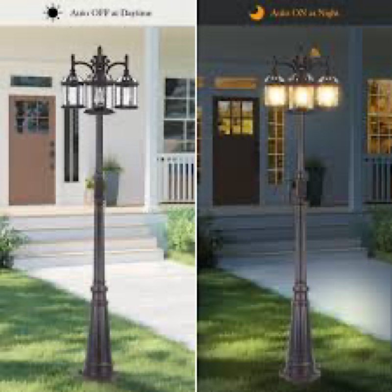 Dusk Dawn Bronze Outdoor Lamp Post Light with GFCI Outlet, Triple Head Aluminum Street Light Post for Outside with Sensor, Waterproof Birdcage Pole Lighting Fixture for Backyard Garden Patio Driveway