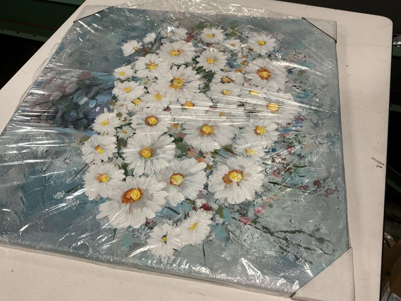 Condition photo showing Good Condition for Floral Canvas Wall Art White Daisy in Vase Light Blue Background Modern Gallery Prints Pictures Flowers Textured Wall Decor Ready to Hang 24 x 24 Inch daisy 23.6\"L x 23.6\"W