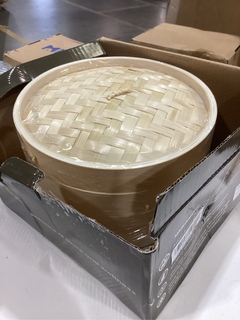 Condition photo showing Good Condition for bamboo steamer 10 inch 2 tier wooden basket with handle, ring adapter, reusable silicone liner, kit for cooking dumpling baby bao bun, dim sum, rice potsticker steaming chinese asian food & vegetables 3 piece set