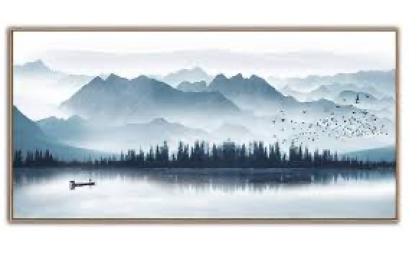 Indigo Framed Canvas Wall Art Misty Mountain Wall Pictures Foggy Lake Boat Canvas Painting Prints Forest Birds Canvas Wall Decor for Living Room Bedroom Decorations Natural Extra Frame Ready to Hang 24" x 48"