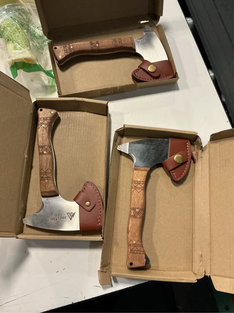 Condition photo showing Good Condition for freelander 7.9'' throwing axe set with leather sheath, 3 pack high carbon stainless steel small throwing axes hatchet for adults, men & women, ergonomic wood handle for competition and recreation