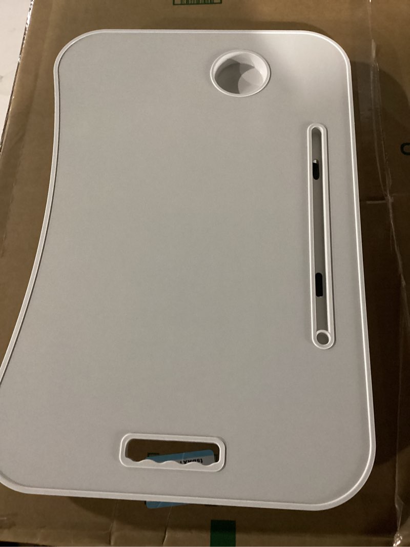 Condition photo showing Good Condition for foldable laptop table, portable lap desk bed table tray, laptop stand with cup holder & tablet slot & lifting handle for working writing drawing & eating (white)