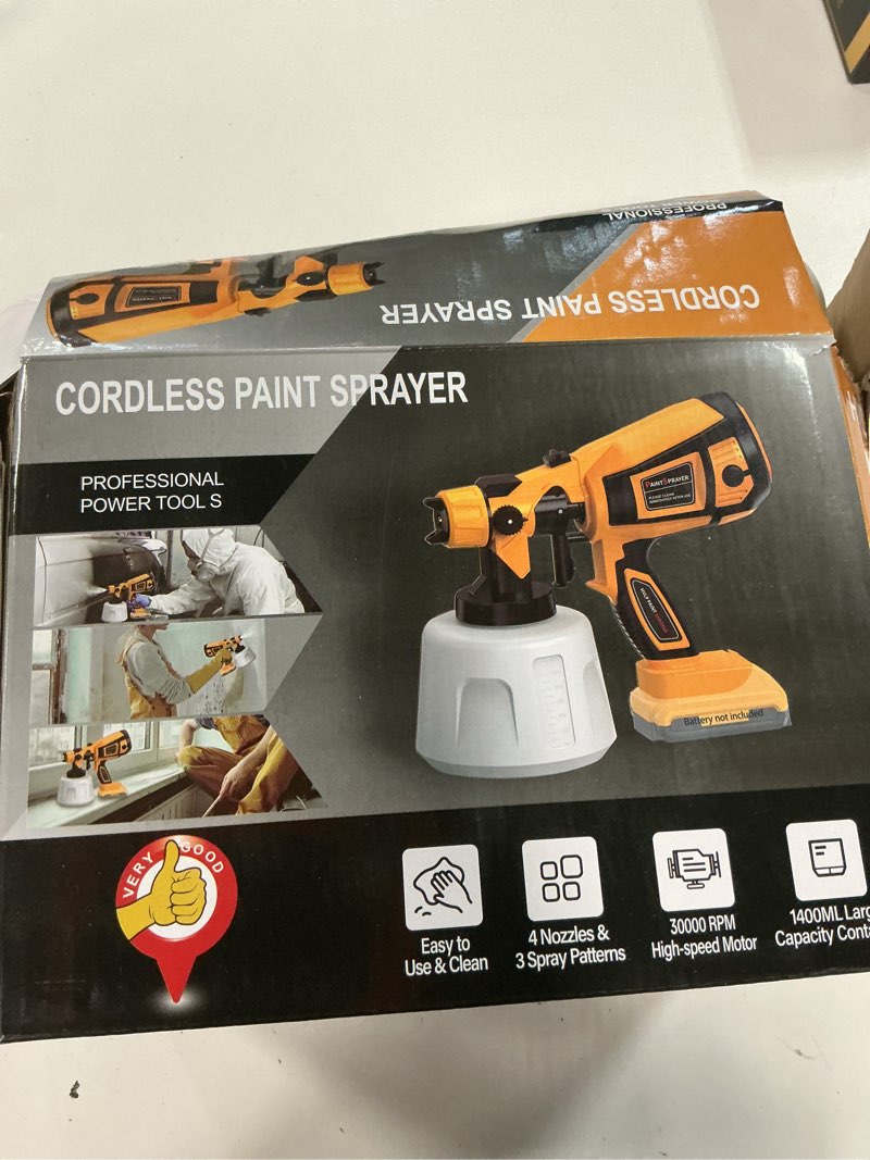Condition photo showing As Is for cordless paint sprayer with brushless motor - 2 batteries, 4 brass nozzles, 3 spray patterns, hvlp spray gun, adjustable flow control, electric paint spray for house/furniture/fence diy projects yellow-2.0