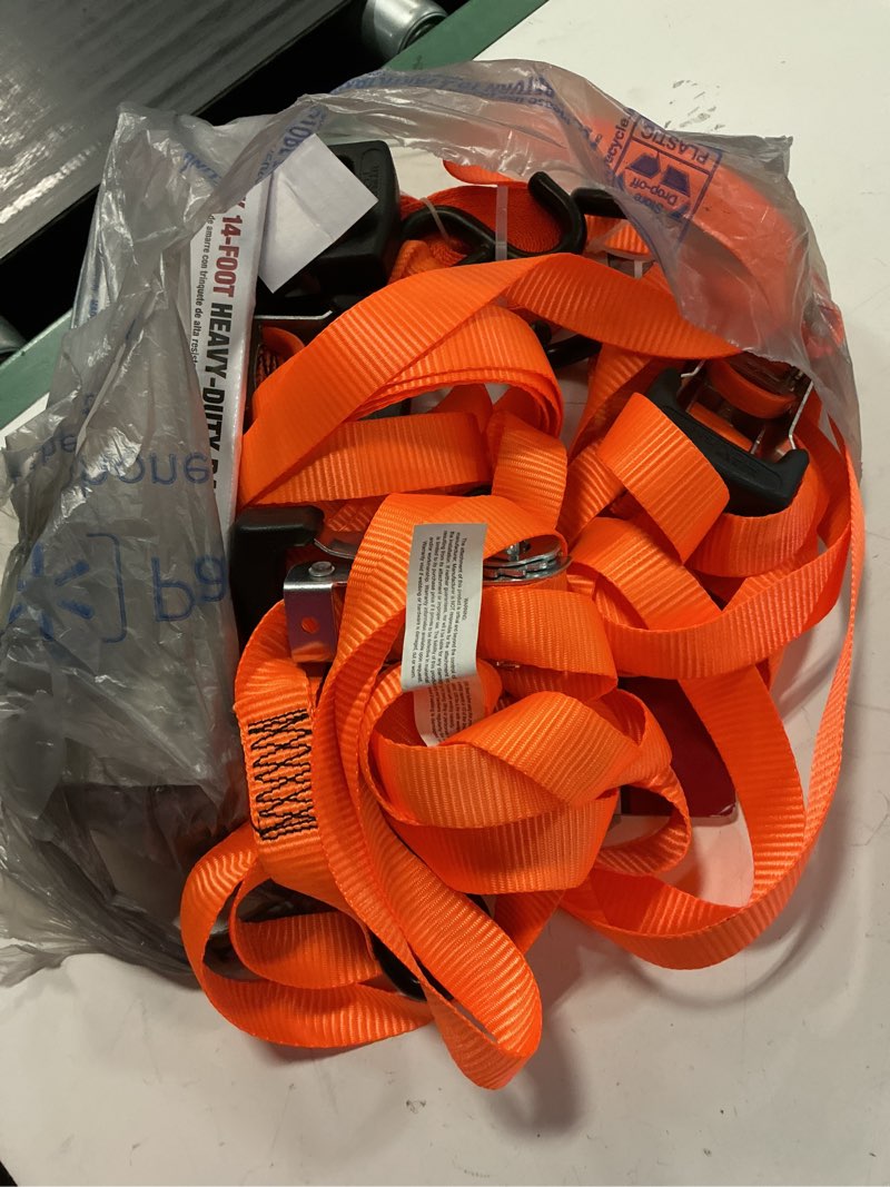 Condition photo showing As Is for ratchet straps, 6pack 20ft ratchet tie down straps, 1700 lb break strength ratchet tie down straps with safety lock s hooks & soft loops for moving cargo, motorcycle, appliances, lawn equipment