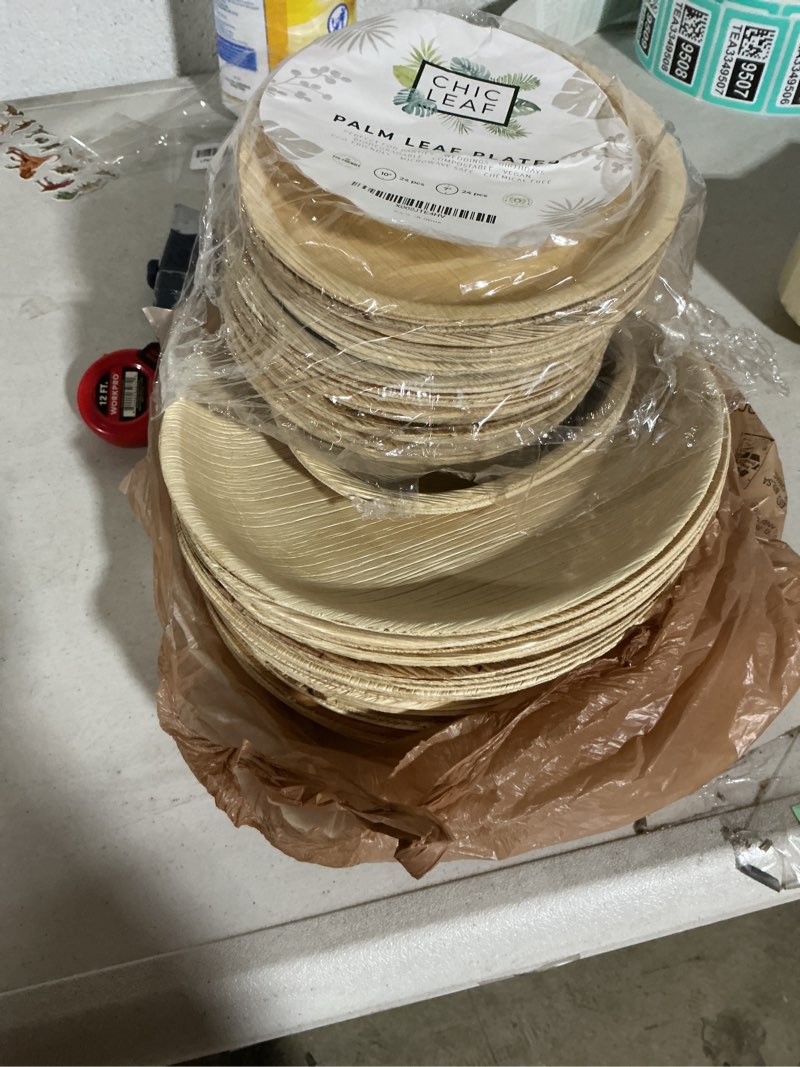 Condition photo showing As Is for chic leaf palm leaf plates disposable bamboo plates like 10 inch & 7 inch round party pack (48 pk) compostable and biodegradable - better than plastic, paper and wood plates