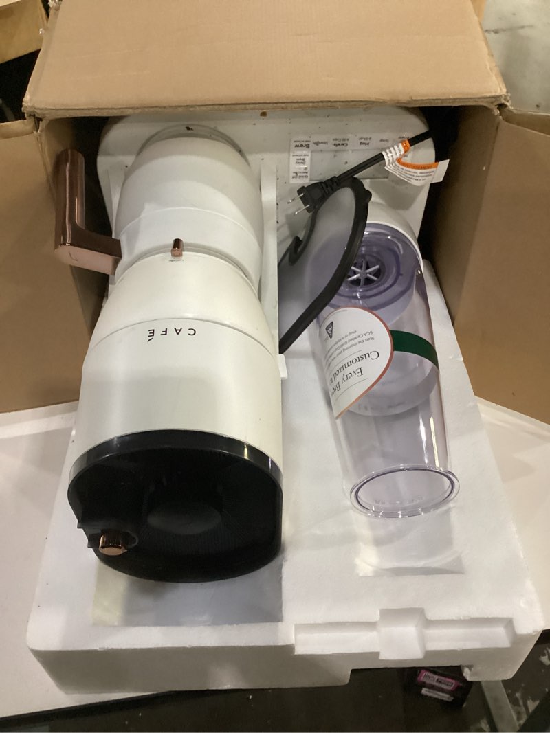 Condition photo showing As Is for not tested**** café specialty grind and brew coffee maker, single-serve to 10-cup thermal carafe, with built-in bean grinder & removable 75oz water reservoir, wifi & smart connected, sca certified, matte white 10-cup matte white
