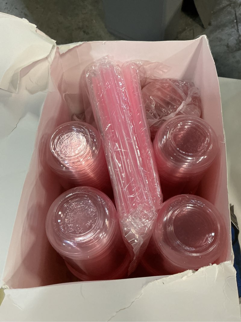Condition photo showing New/Like New for 16oz disposable stemless glasses with flat lids and straws,pet disposable drinking cups,clear plastic wine glasses for parties birthday,wedding,meeting,christmas party supplies. (100, pink) pink 100