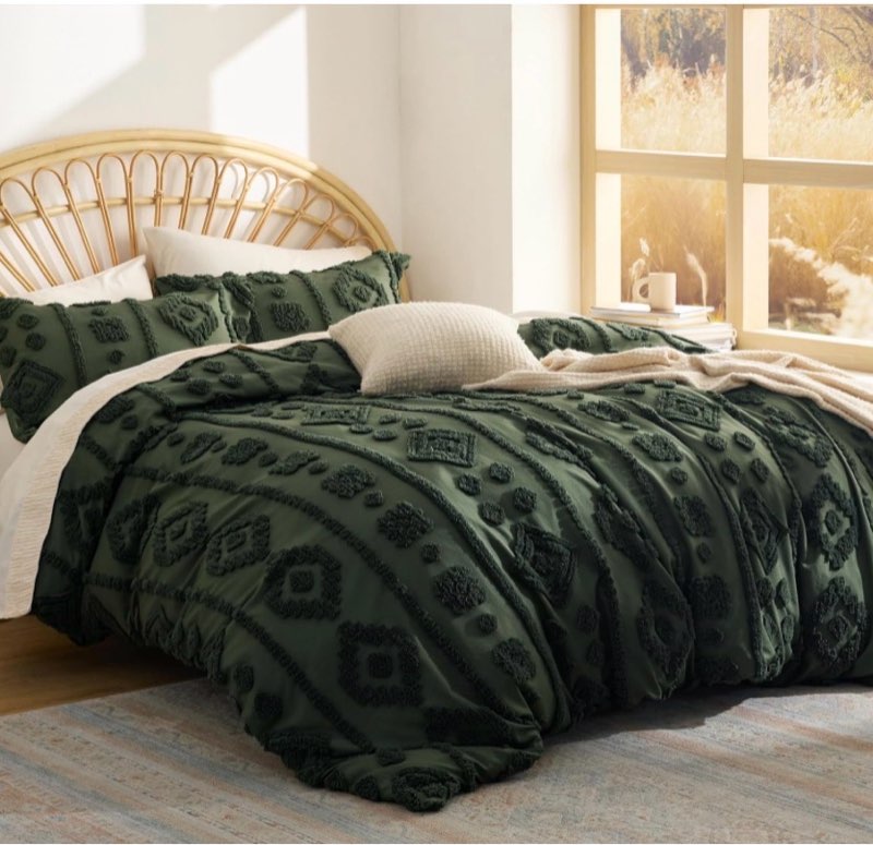 Bedsure King Size Comforter Set - Dark Green Tufted Boho Bed Set, Farmhouse Shabby Chic Embroidery B