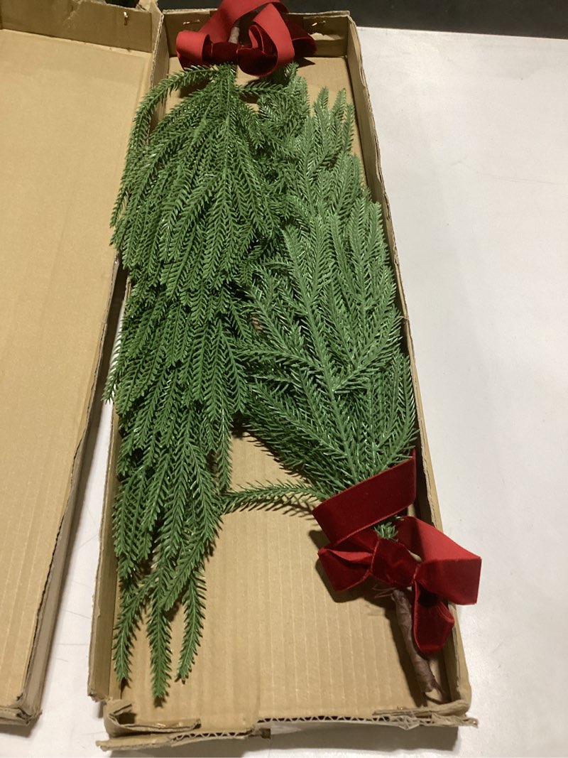 Condition photo showing As Is for Syhood 3 Pack 24 Inch Christmas Greenery Teardrop Swag Arch Wreath Sets with Red Velvet Ribbon Bow Artificial Realistic Norfolk Pine Greenery Decor for Outdoor Indoor Window Mirror Wall Front Door