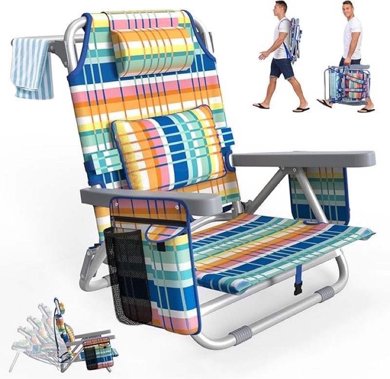 suteck beach chair, adjustable 5-position backpack beach chairs for adults kids, foldable lay flat c