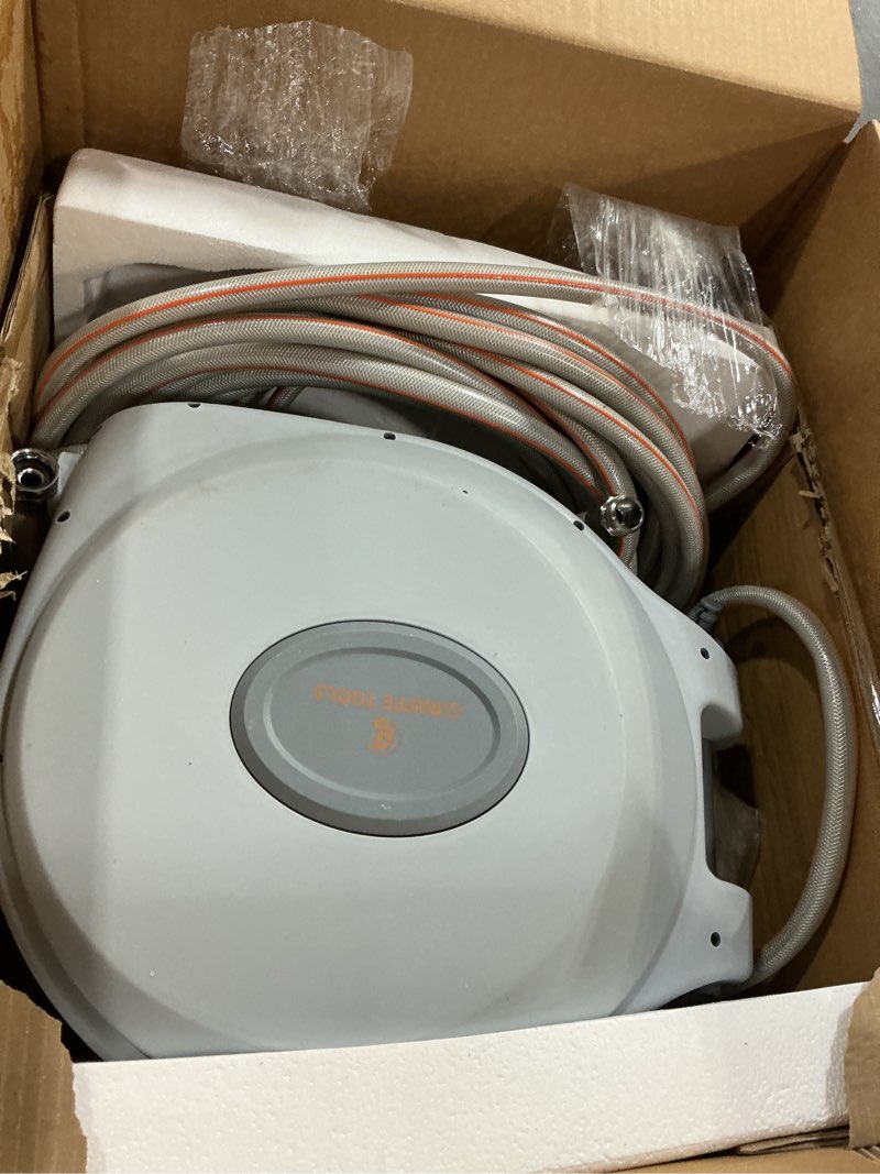 Condition photo showing Good Condition for giraffe tools cw20 retractable garden hose reel 5/8" x 60 ft heavy duty water hose reel, swivel bracket, any length lock, light grey 60ft
