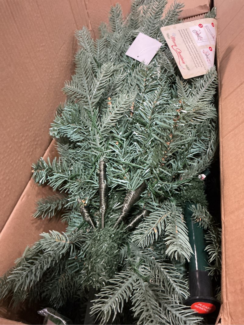 Condition photo showing Good Condition for 6 FT Prelit Artificial Skinny Christmas Tree,Blue Spruce Slim Pencil Xmas Tree with 1205 PE&PVC Mixed Branch Tips and 300 UL Listed Clear Lights,Hinged Pine Tree with Metal Stand for Home Office Décor 6ft Blue Prelit