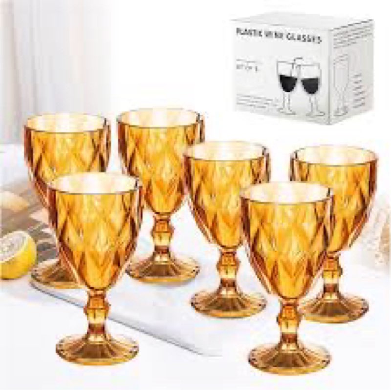 12 Pack Vintage Wine Glasses, Plastic Reusable 12 Ounce Colored Water Goblets, Unique Embossed Patte