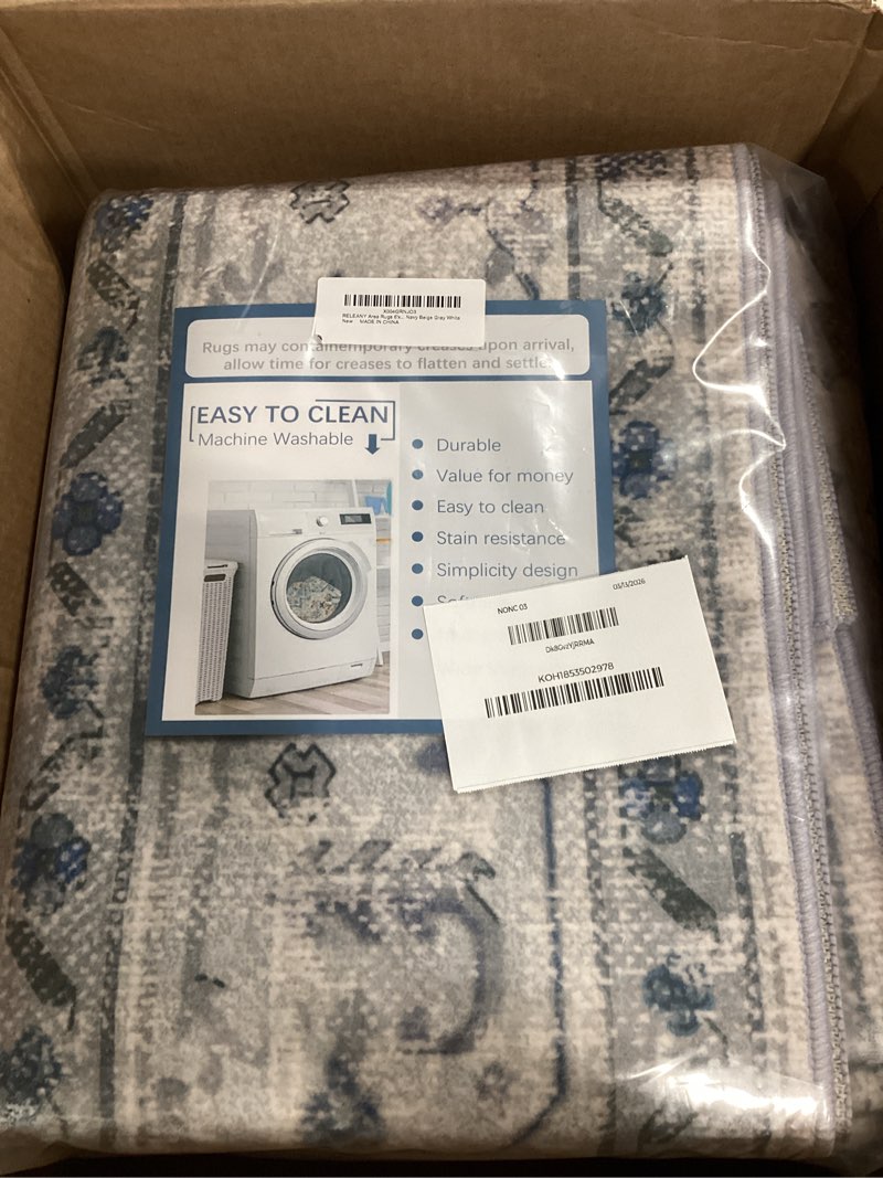 Condition photo showing New/Like New for area rugs 6'x9' washable non-slip, floral vintage distress print pattern medallion carpet for living room bedroom dining room, light blue navy beige gray white blue/white/gray/purple 6' x 9' (rectangular)