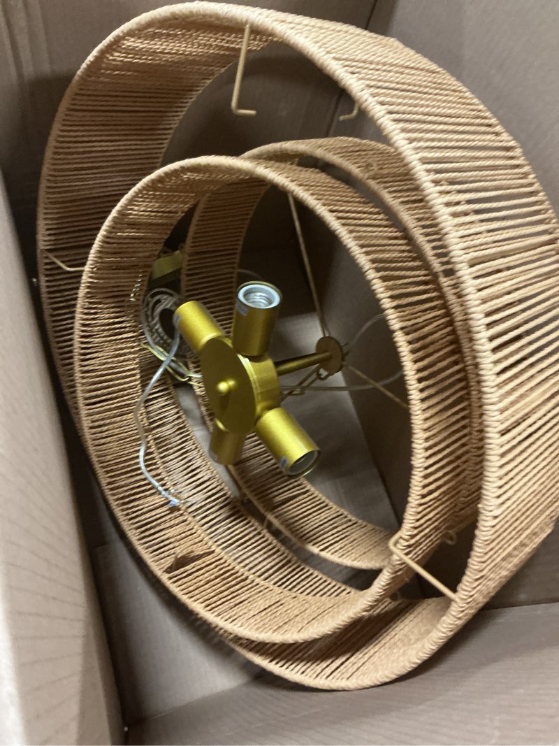 Condition photo showing As Is for CNQTLL 3-Tier Large Rattan Chandeliers, 23.6in Boho Coastal Pendant Lights, Hand Woven Hemp Rope Lig