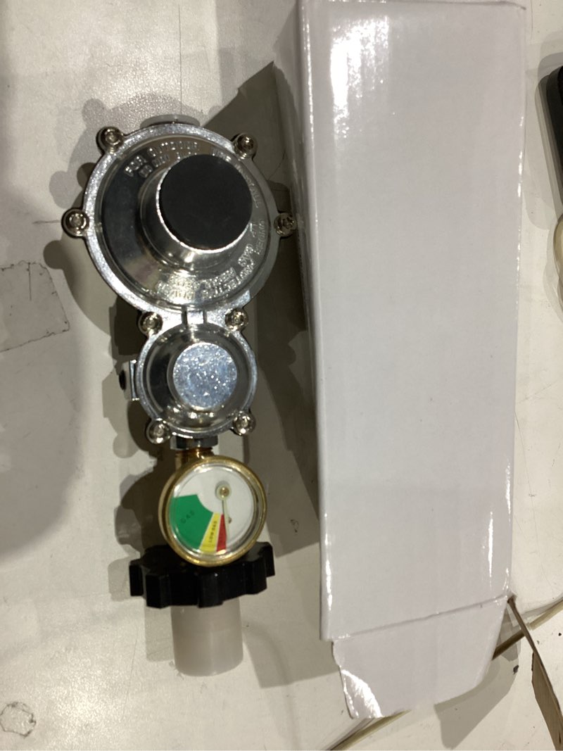 Condition photo showing As Is for NUPICK Two Stage Propane Regulator with Gauge, RV Gas Regulator with POL Inlet X 3/8" Female NPT Outlet, Supports 20-100 Lb Tank, for RV, BBQ Grill, Heater, Generator, and Outdoor Appliances