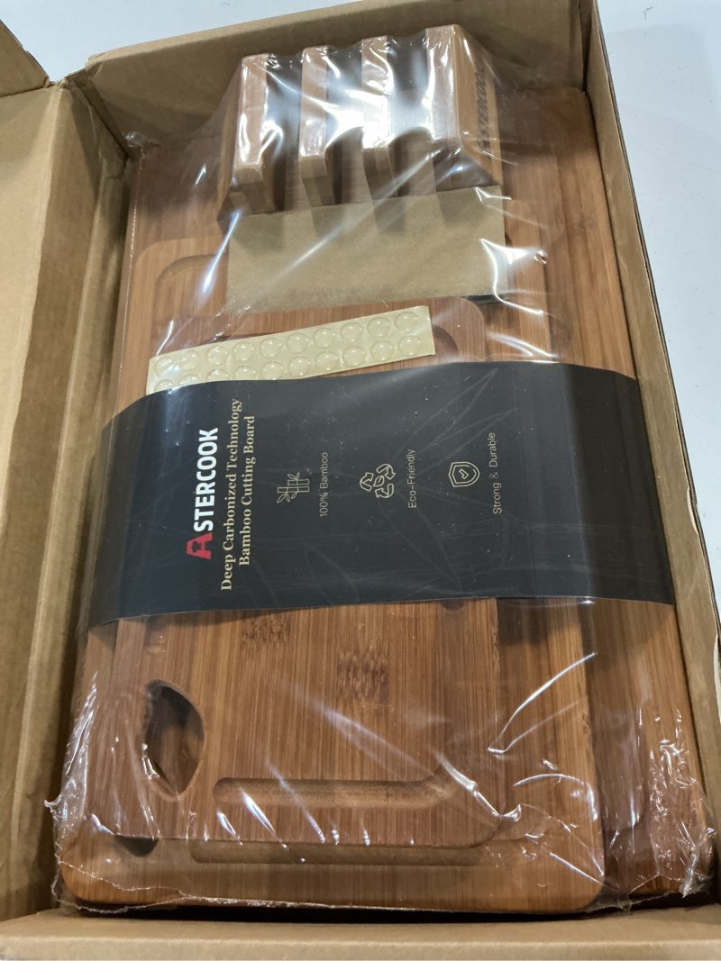 Condition photo showing New/Like New for astercook deep-carbonized bamboo cutting boards for kitchen with wood storage stand, reversible charcuterie & chopping boards with juice grooves and easy-grip handles, fathers day gift for men