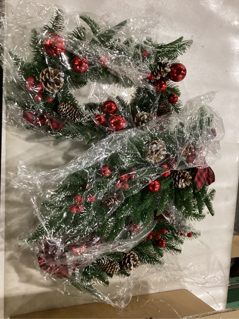 Condition photo showing New/Like New for Dingion 3 Pcs Pre Lit Christmas Swags Door Decoration Set Include Christmas Wreath and 24Inch Swag with Light for Front Door Red Berry Pine Cone Garland for Xmas Party Indoors Outdoors Decor