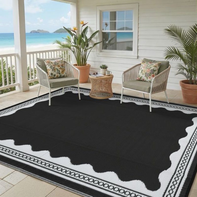 garvee outdoor rug 8x10 scalloped waterproof patio rv outdoor rugs reversible foldable plastic straw