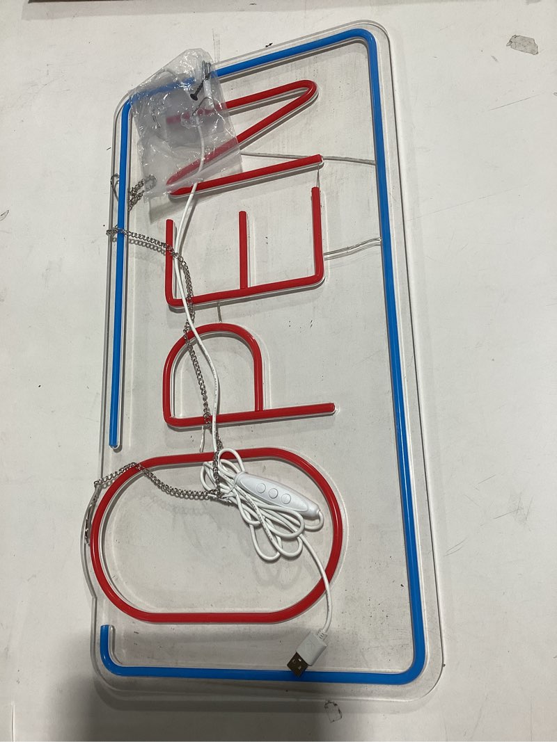 Condition photo showing As Is for 22" x 11.8" led neon open sign for business window, light up open sign for store carteles letreros para negocios. open 22" x 11.8"