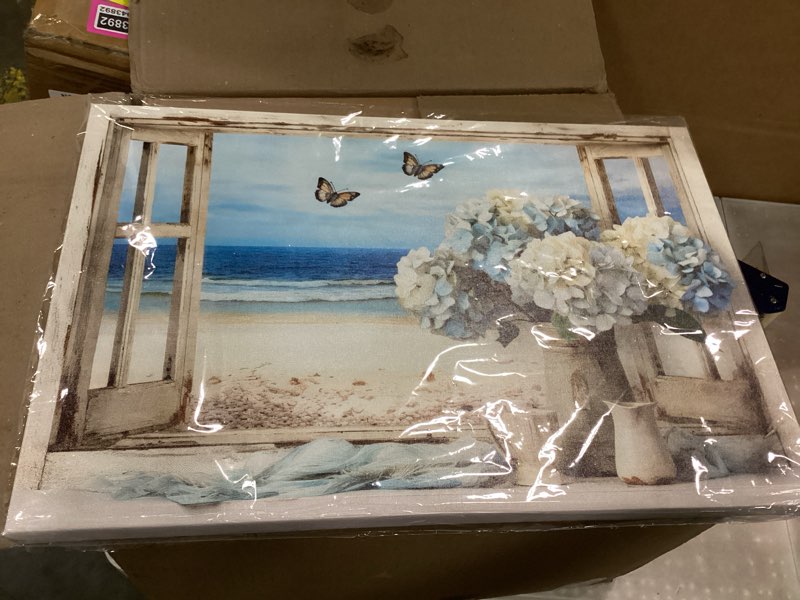 Condition photo showing New/Like New for vintage ocean view window canvas wall art, high-resolution print with fresh blue and white hydrangeas and butterflies, rustic style decor for bathroom, bedroom, office framed  beach flower-1