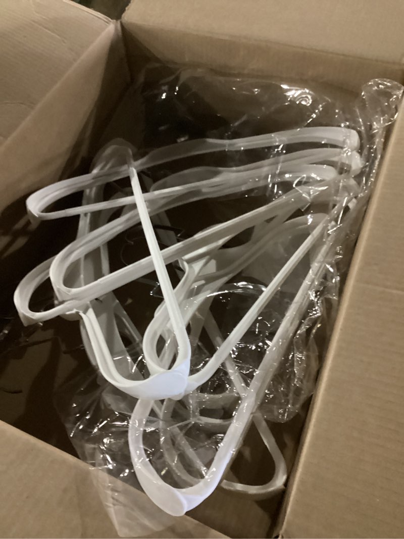 Condition photo showing As Is for 10 Pack Plastic Hangers, Heavy Duty No Shoulder Bump White Suit Hangers, Extra Wide Shoulders Non-Slip Hangers with 360° Metal Swivel Hook for Thick Sweaters Coat Jacket(White) White-10
