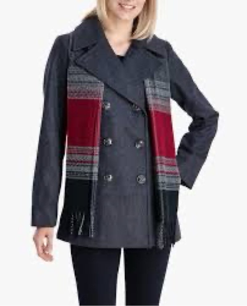 LONDON FOG womens Single-breasted Peacoat With Scarf Pea Coat, Charcoal, Large US