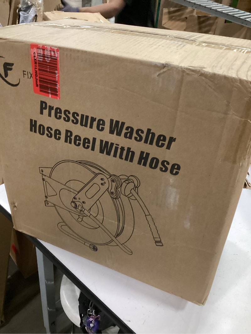 Condition photo showing New/Like New for Pressure Washer Hose Reel with Hose for Hot and Cold Water, 3/8" X 50 FT Steel Auto-Retractable High Power Wash Hose Reel, Heavy Duty Hose Reel - Wire Braided Hose 4000 PSI, Black