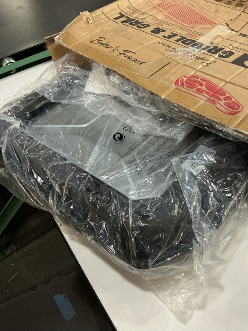 Condition photo showing As Is for baker’s friend indoor griddle & grill, electric griddle with 2 in 1 indoor grill and griddle plate indoor grill with removable plate, silicone mold, dishwasher safe, recipes include, graphite nonstick