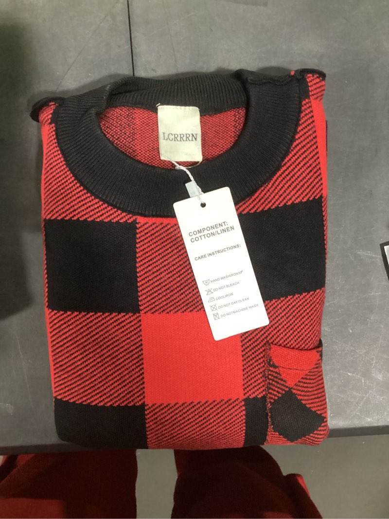Condition photo showing New/Like New for Women's Oversized Sweaters 2025 Crewneck Long Sleeve Batwing Pullover Tops Red Black Buffalo Check Small