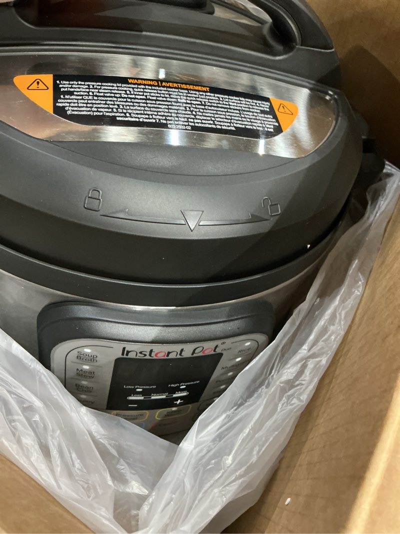 Condition photo showing As Is for instant pot duo 7-in-1 electric pressure cooker, slow cooker, rice, steamer, sauté, yogurt maker, warmer & sterilizer, includes app with over 800 recipes, stainless steel, 6 quart 6 quarts