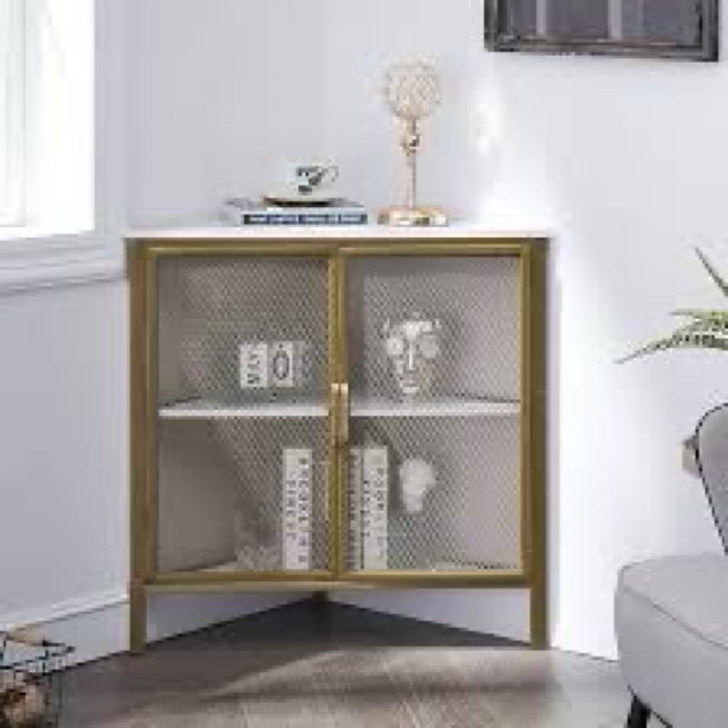 VECELO Corner Cabinet/Table, 3-Tier Display Shelves with Protection Door, Metal Frame Storage Shelf 