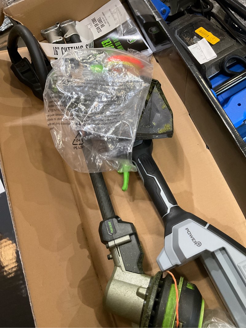 Condition photo showing As Is for ego power+ powerload with carbon fiber shaft 56-volt 16-in telescopic shaft battery string trimmer