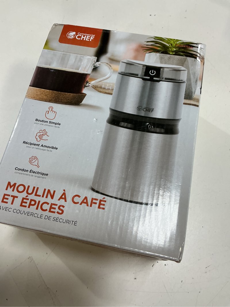 Condition photo showing Good Condition for Commercial Chef Coffee Grinder, 2.1-Oz. Capacity, Kitchen Appliance Grinds Coffee, Herbs or Spices, 200 Watt, One-Touch Pulse Control, CHCG21SSA6, Stainless Steel