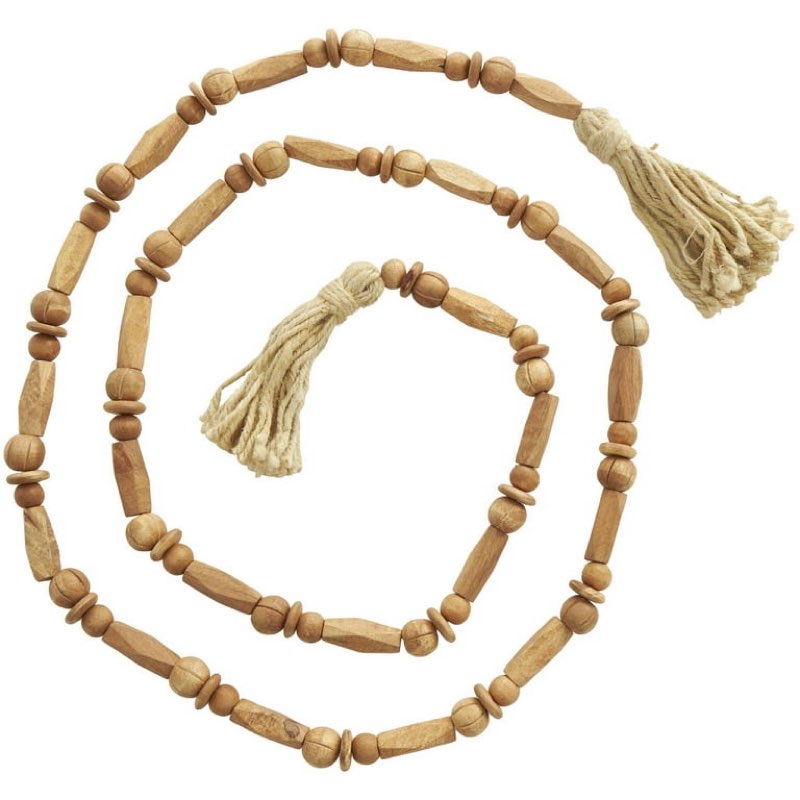 DecMode Handmade Rectangle Carved Geometric Long Beaded Brown Mango Wood Garland with Tassel  