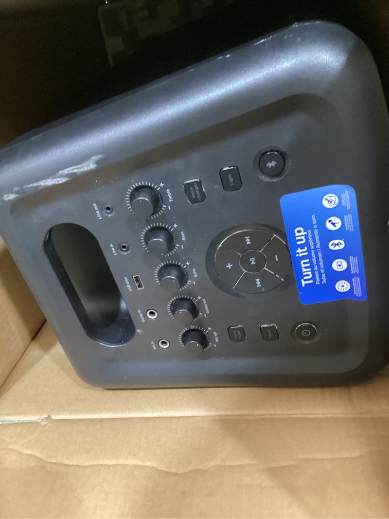 Condition photo showing As Is for philips x5206 bluetooth party speaker - 14 hours play time, deep bass, party lights, karaoke effects, mic & guitar input, 80w max power, black x5206 with two woofers