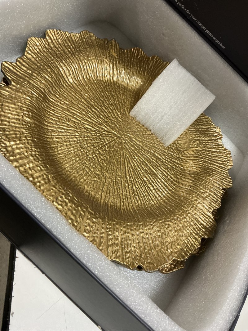 Condition photo showing Good Condition for maoname 13\" gold charger plates, round reef chargers for dinner plates, plastic plate chargers for table setting, wedding decor, set of 3 gold