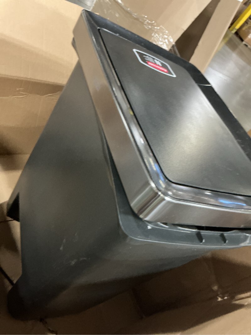 Condition photo showing As Is for gal. premier series iv step-on trash can with stainless steel lid